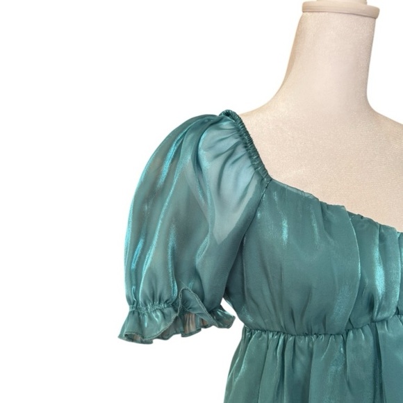 Thirty Thirty Teal Sheer Satin Puff Sleeve Peplum Blouse Size M - Picture 2 of 5